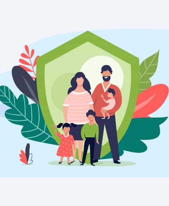 Illustration family in front of shield for insurance coverage.